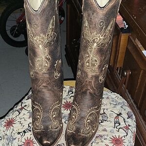 Brown Embroidered Heeled Boots